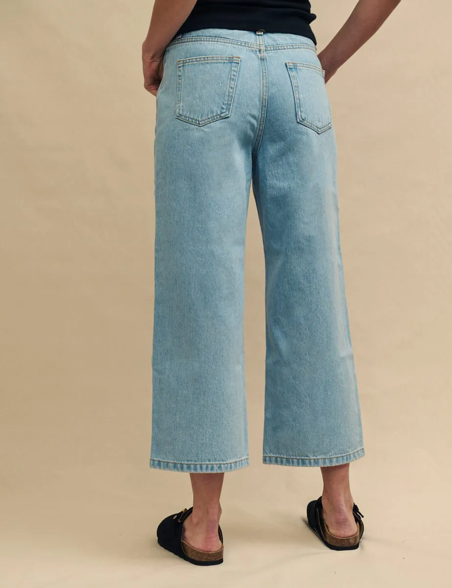Blue Light Wash Cropped High Rise Wide Leg Jeans