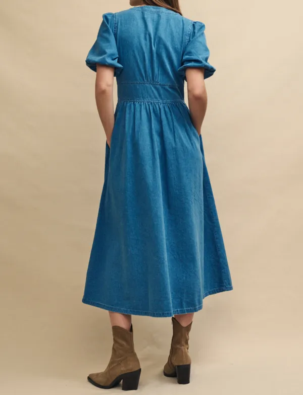 Mid Wash Blue Denim Midi Dress