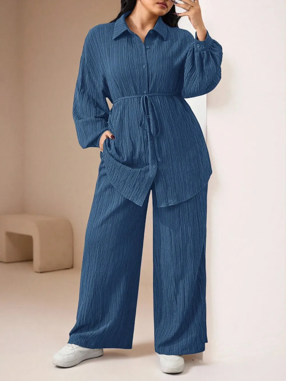 Women's Plus Size Plain Button-Up 2pc Set