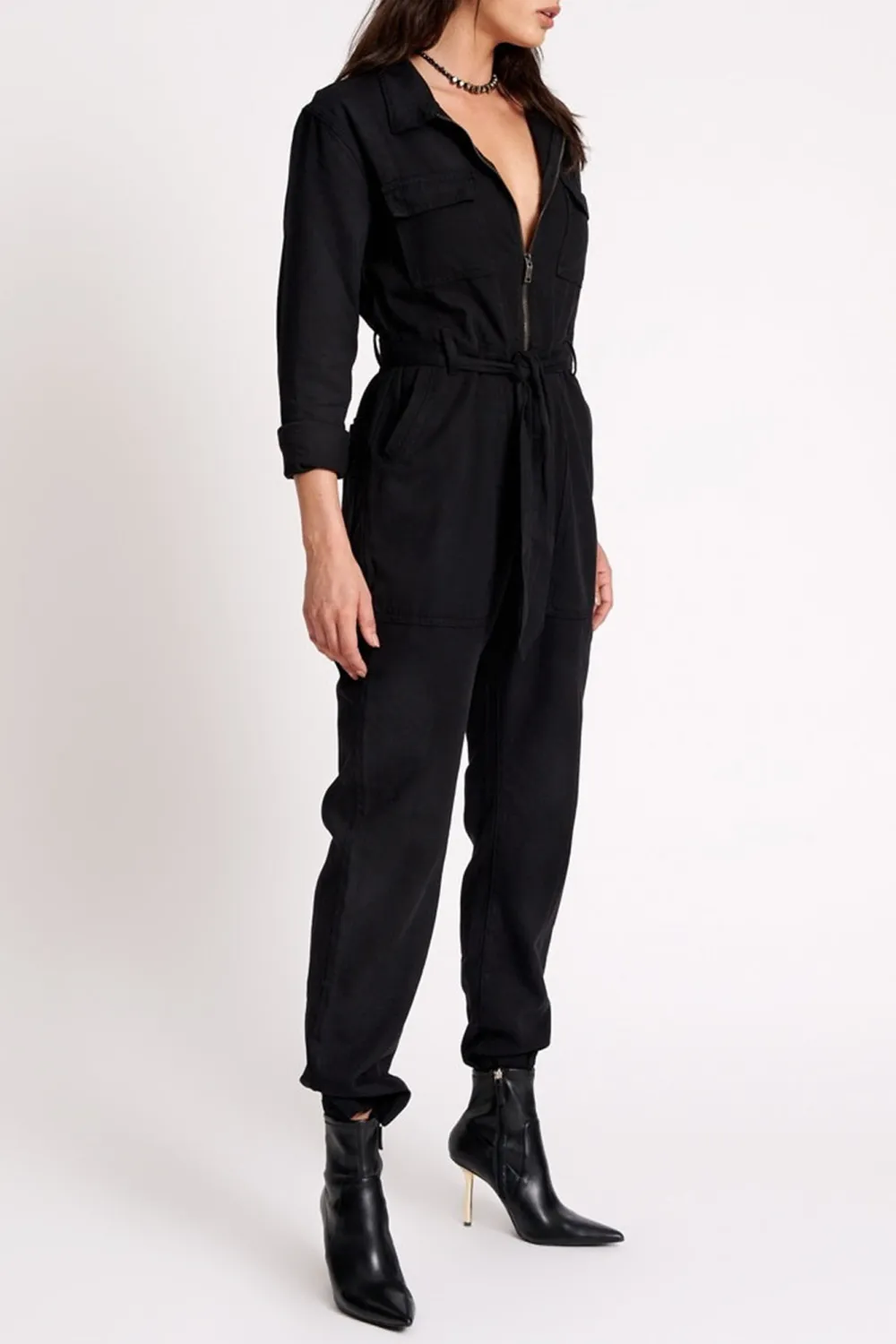 Black High-End Retro Lace-Up Waist-Cinching  Jumpsuit