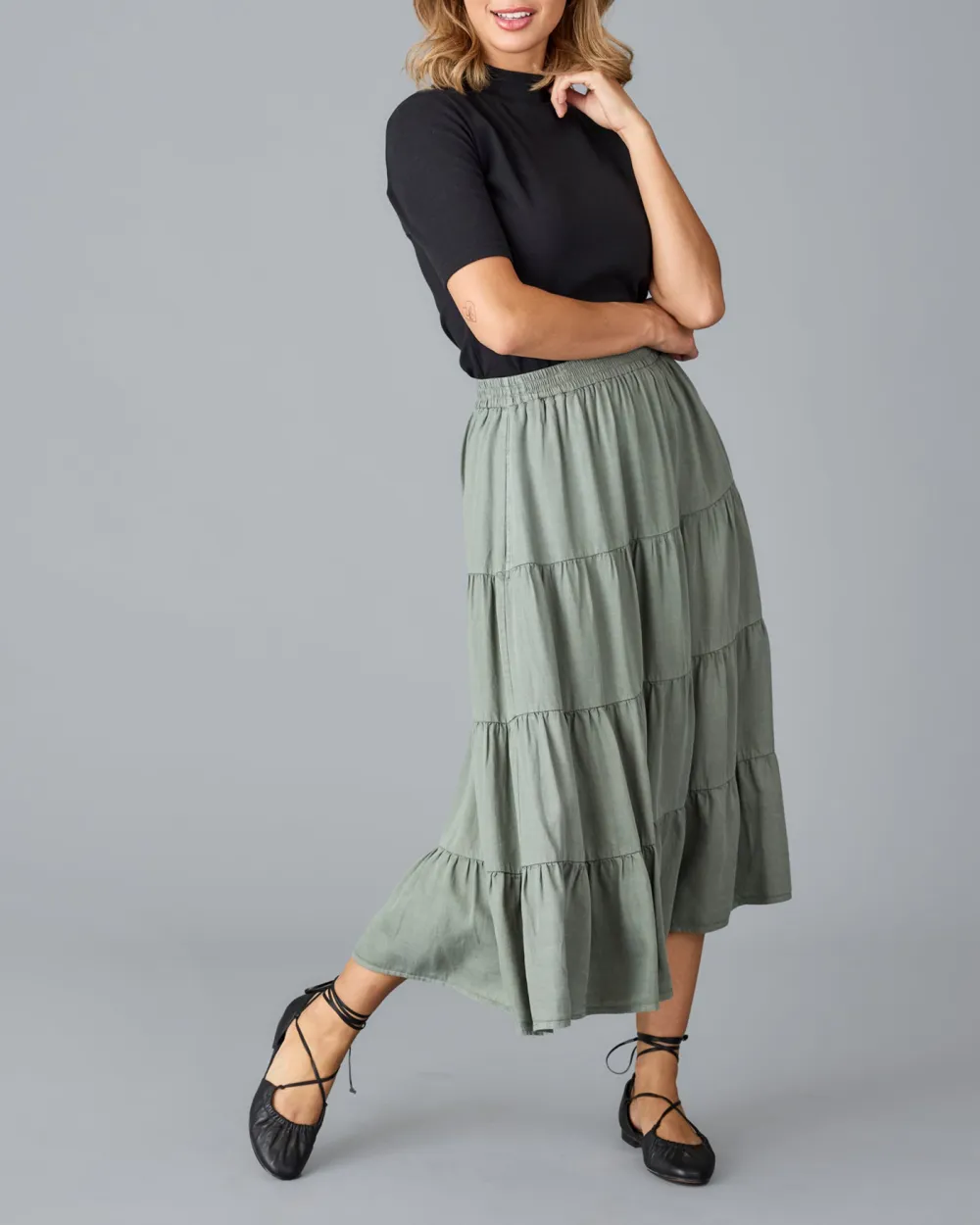 Olive Green Ruffled Midi Skirt