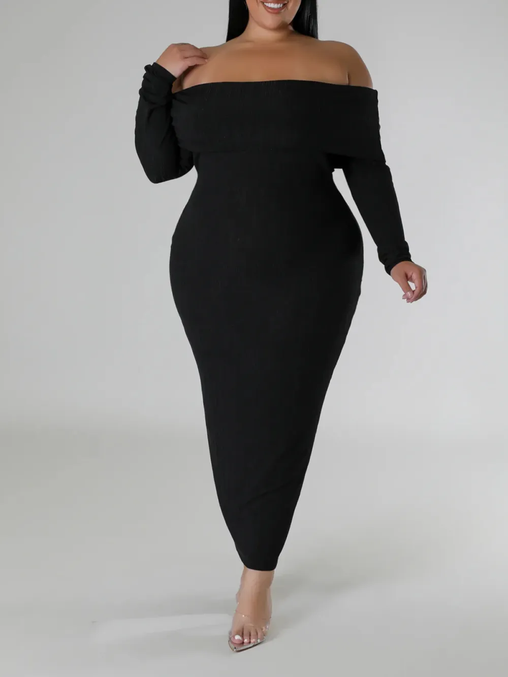 Long Sleeve Straight Neck Maxi Dress