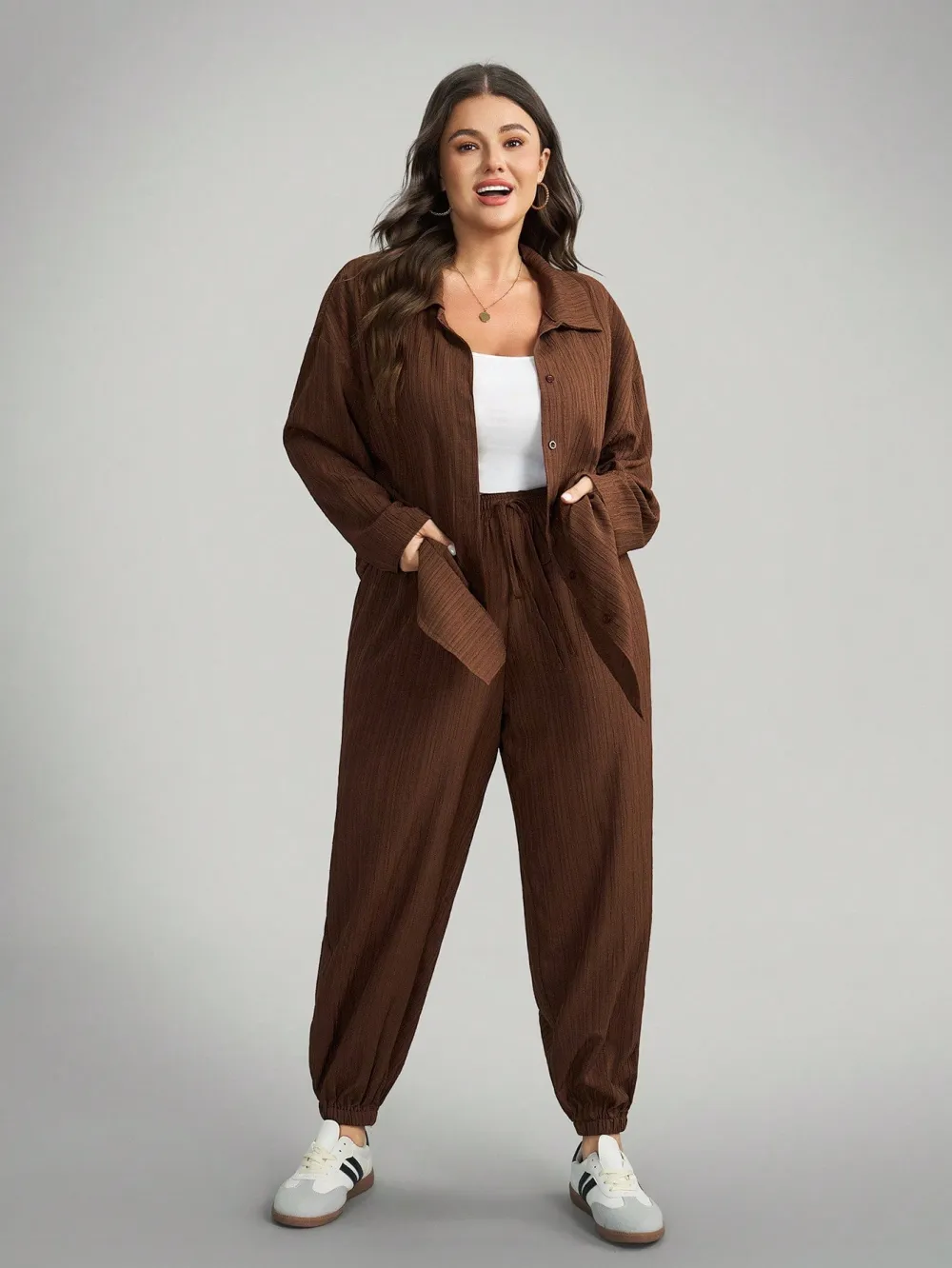 Women's Plus Size Fall-Winter Brown Drawstring Pants Suit