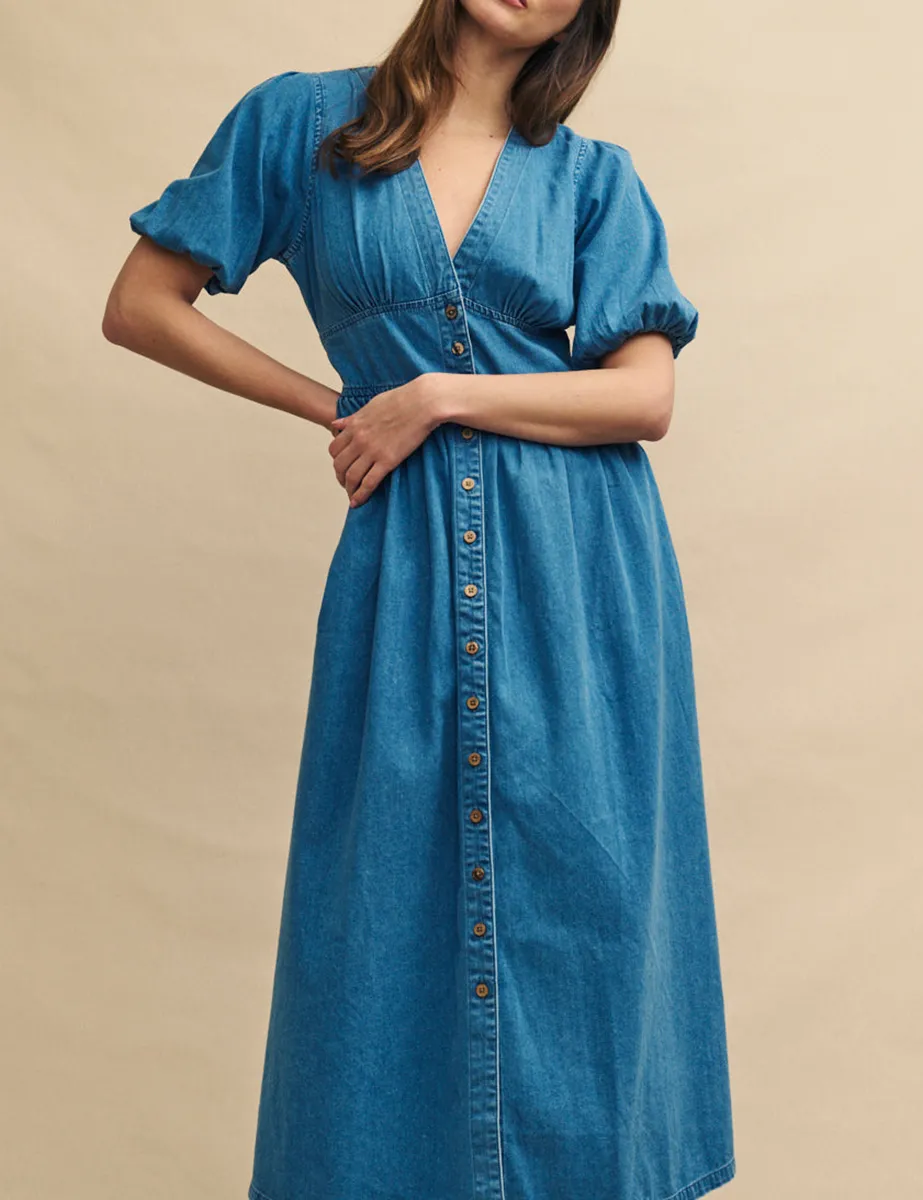 Mid Wash Blue Denim Midi Dress