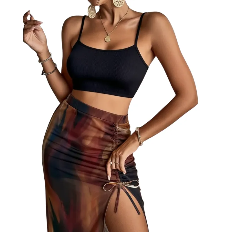 Women's Plain Cami Top & Ditsy Floral Print Ruched Drawstring Skirt Set