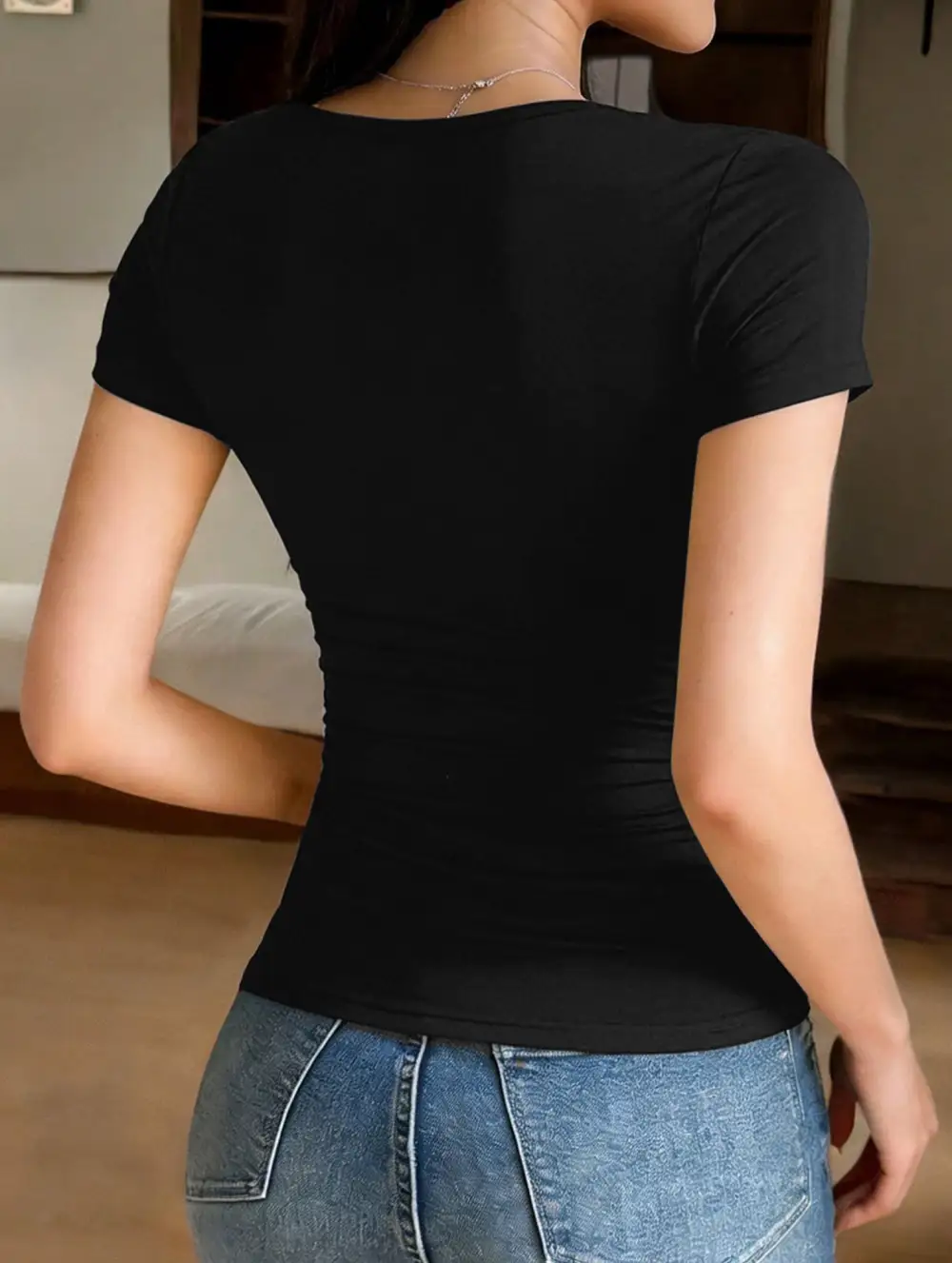 Square-Neck Lace Tie Crop T-Shirt