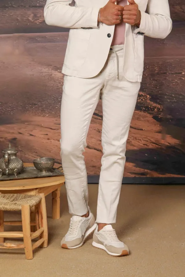 Men's Off-White Cotton and Linen Twill Elastic Waist Slim Fit Trousers