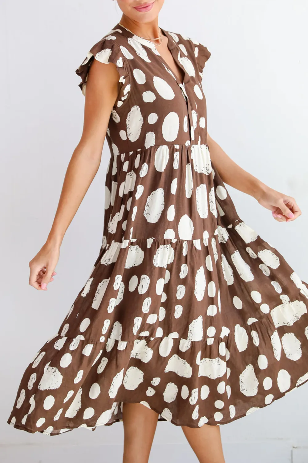 Simply Desirable Brown Dotted Tiered Midi Dress