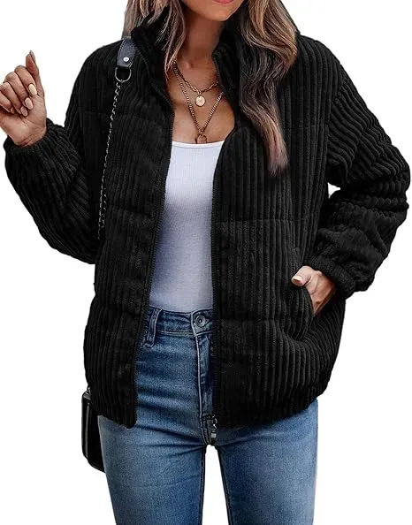 Women's Bomber Jacket Corduroy Ribbed Quilted Zip Up Long Sleeve Winter Coat