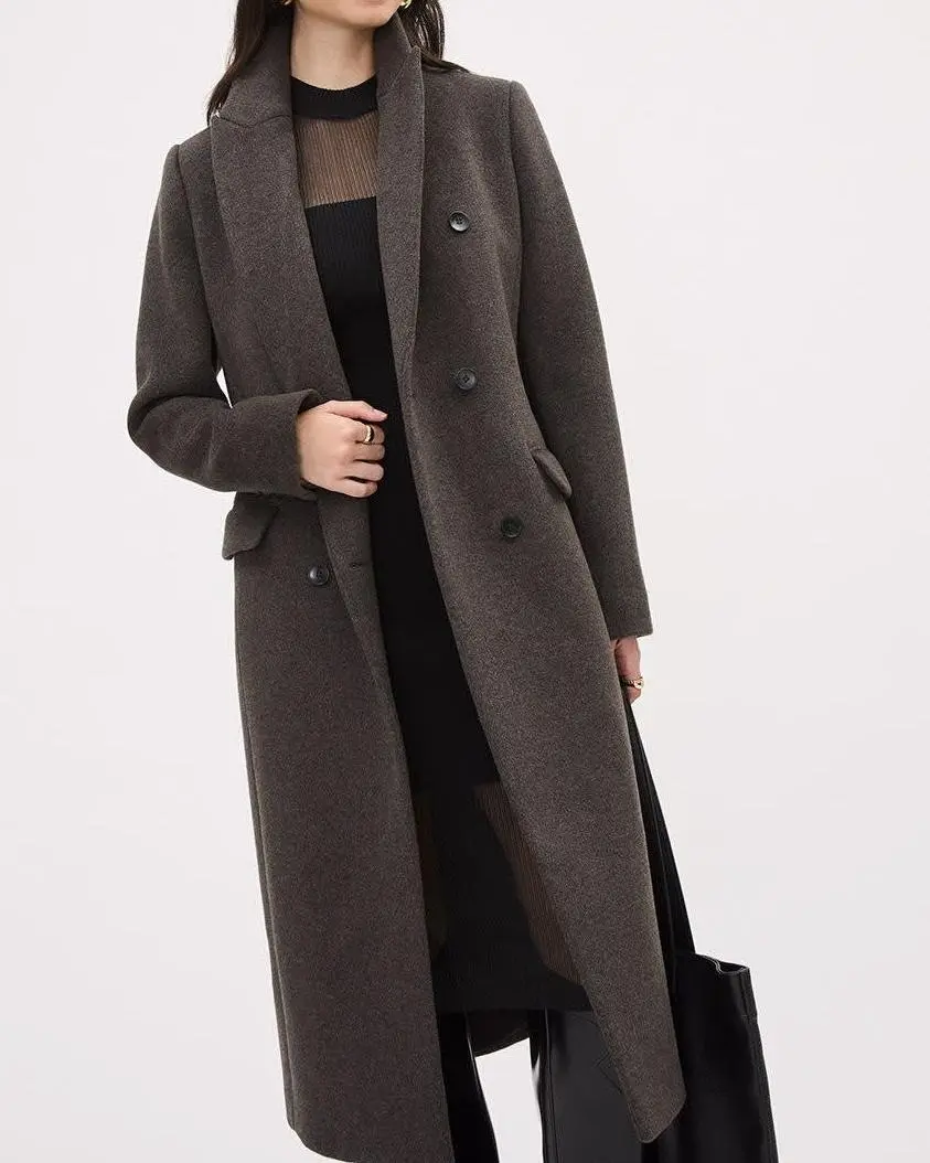 Elegant Gray Wool Blend Long Coat with Waist Belt