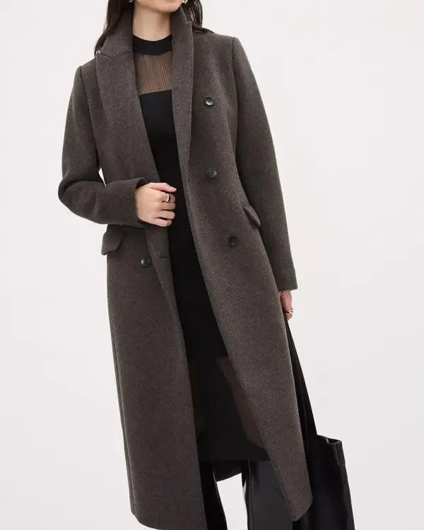 Elegant Gray Wool Blend Long Coat with Waist Belt