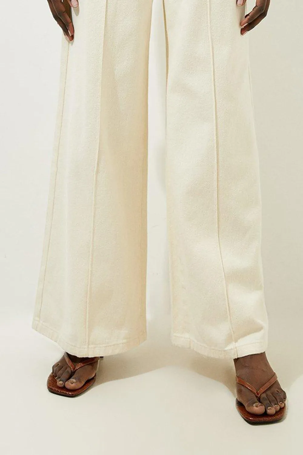 Non-Stretch Denim Waistband Detail Wide Leg Trousers