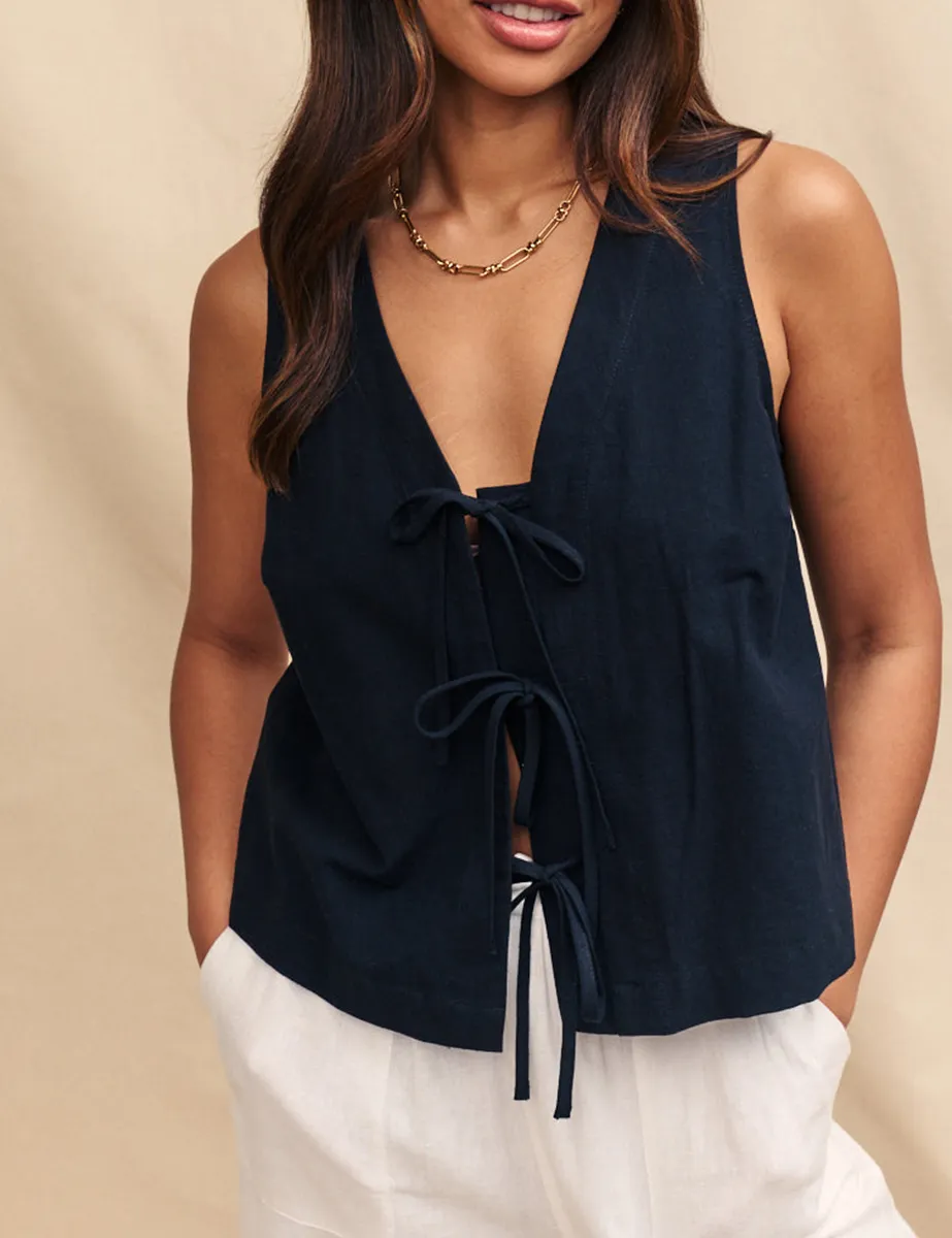 Black Linen-Blend Tie Front Top