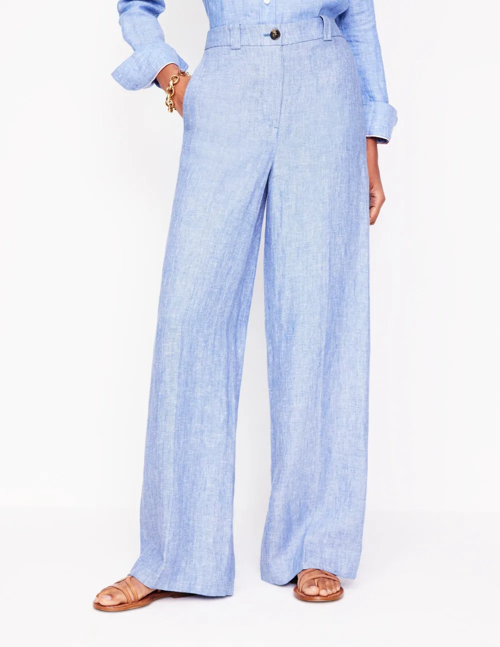 Light Blue Linen Wide - Leg Trousers