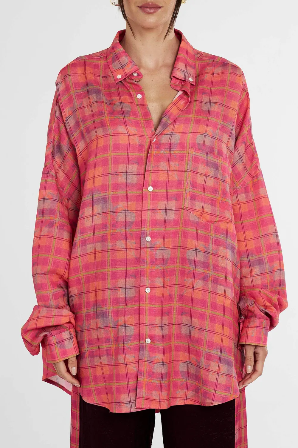 Versatile Loose Neon Plaid Long-Sleeved Shirt