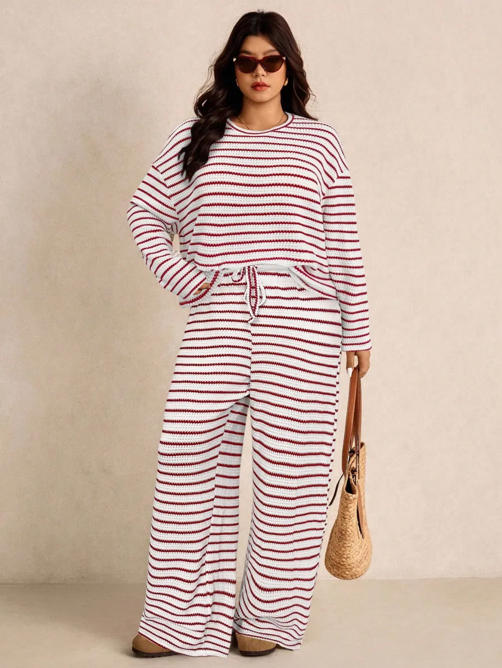 Women's Plus Size Loose Striped Long Sleeve 2pc Set