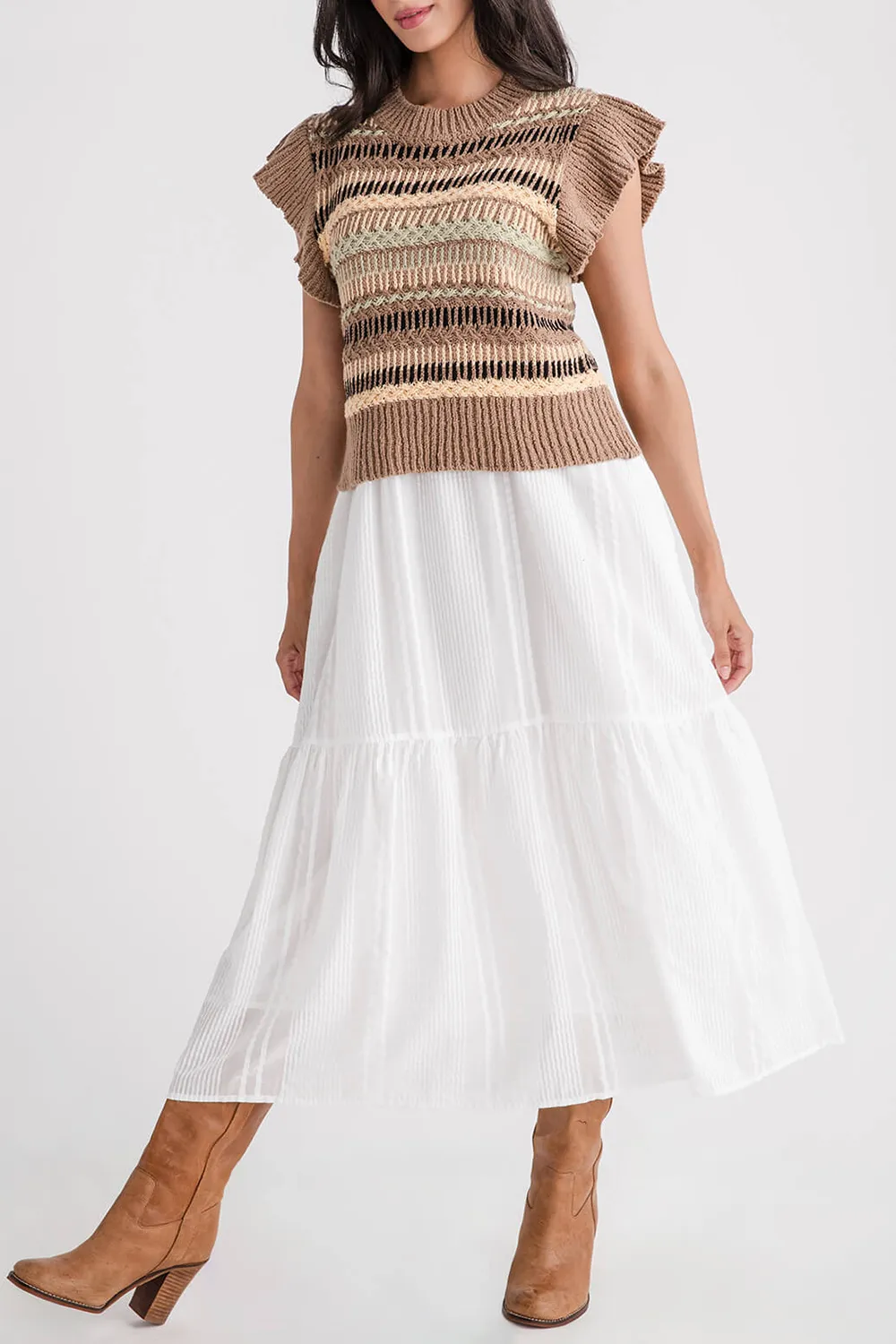 Woven Knit Midi Dress - Brown White Combo