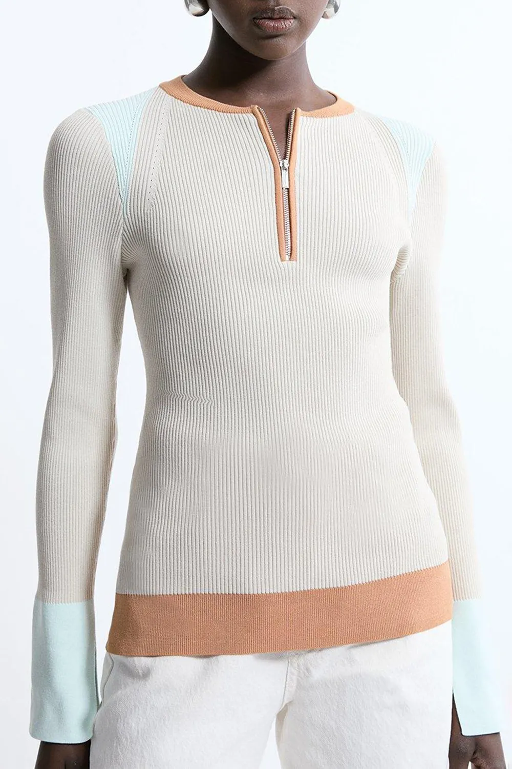 Casual Style Knit Half Zip Cuff Detail Top