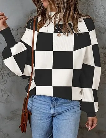 🎁Christmas Gifts🎁Fall Essential Warm Turtleneck Sweater - Plaid Ribbed Knit Loose Long Sleeve Pullover