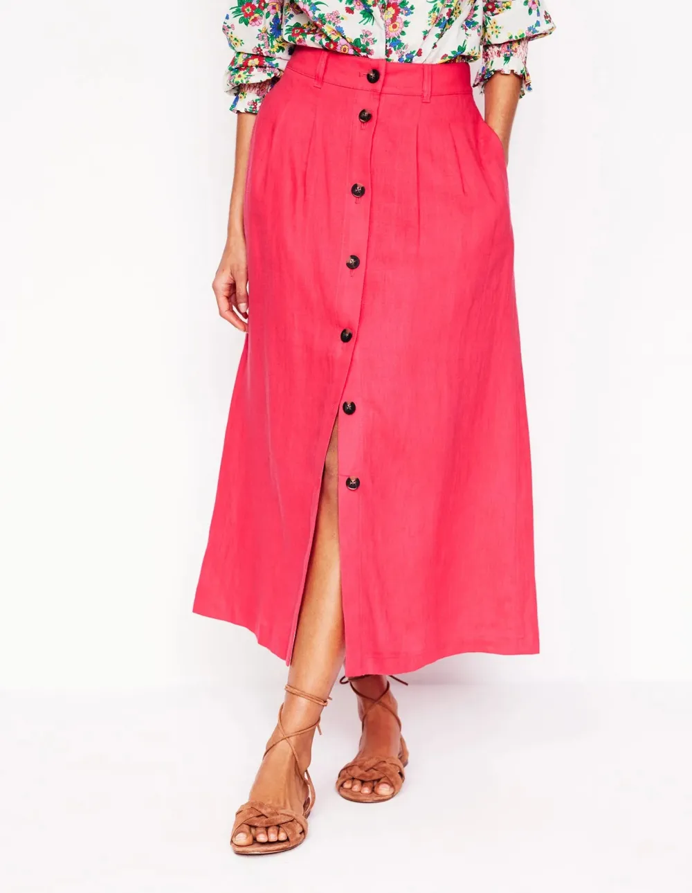Hot Pink Button - Front Linen Midi Skirt