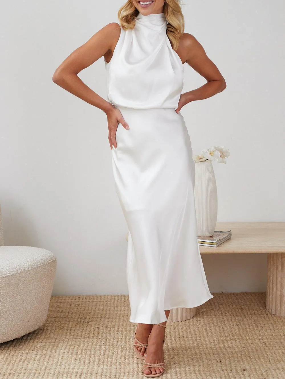 White Casual Style High Neck Dress