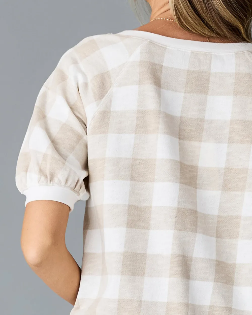 Cream Colored Checkered Short Sleeve Sweater
