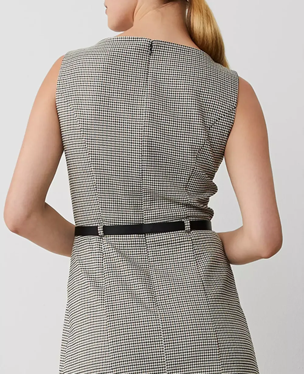 Houndstooth Pleat Front Belted Sheath Dress
