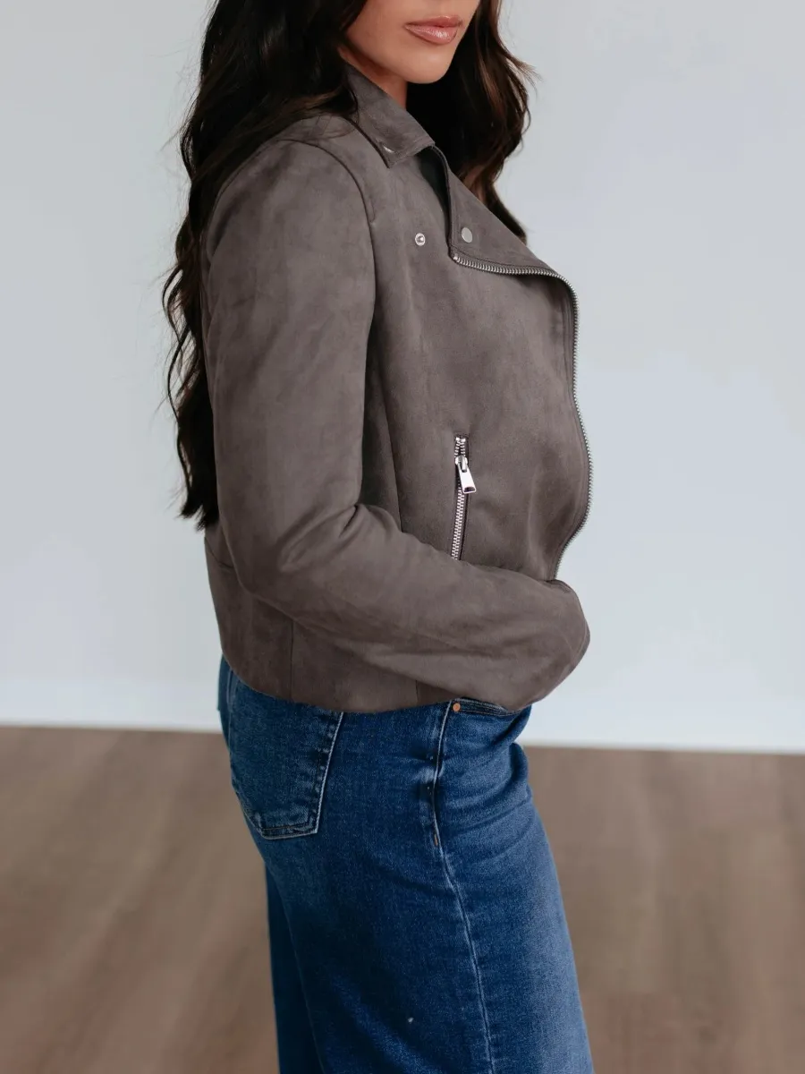 Faux Suede Front Zipper Jacket