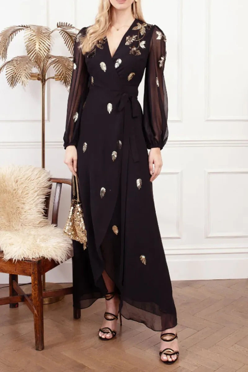 Floral Printed Chiffon Blouson Sleeve Wrap Maxi Dresses