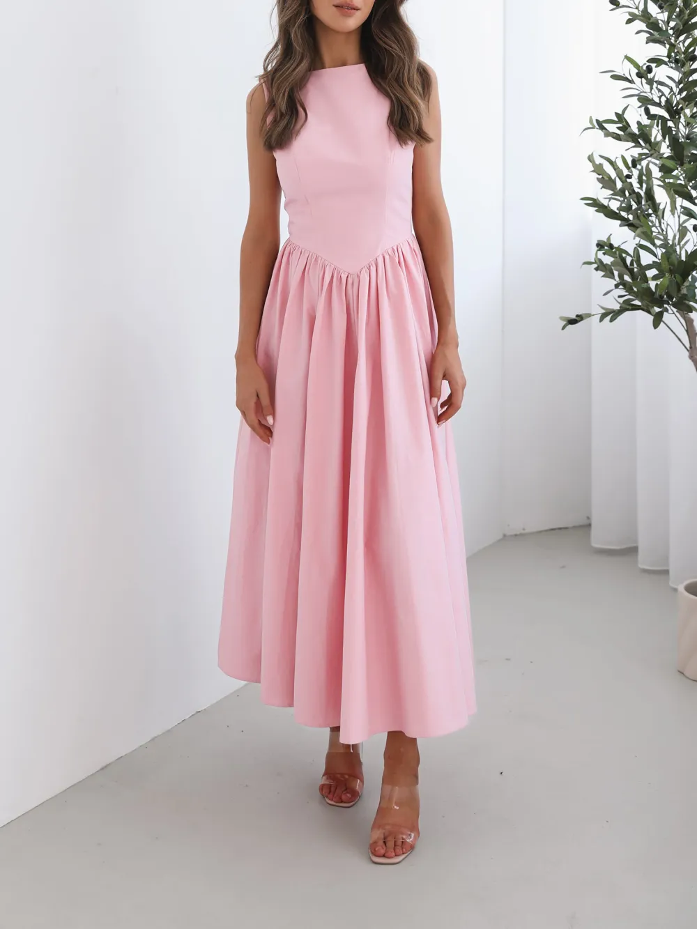 Casual Style Pink Boat Neckline Dress
