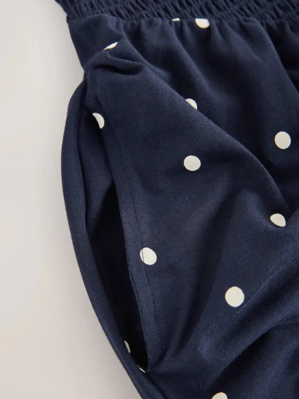 Navy Blue Polka Dot Maxi Square Neck Shirred Strappy Dress
