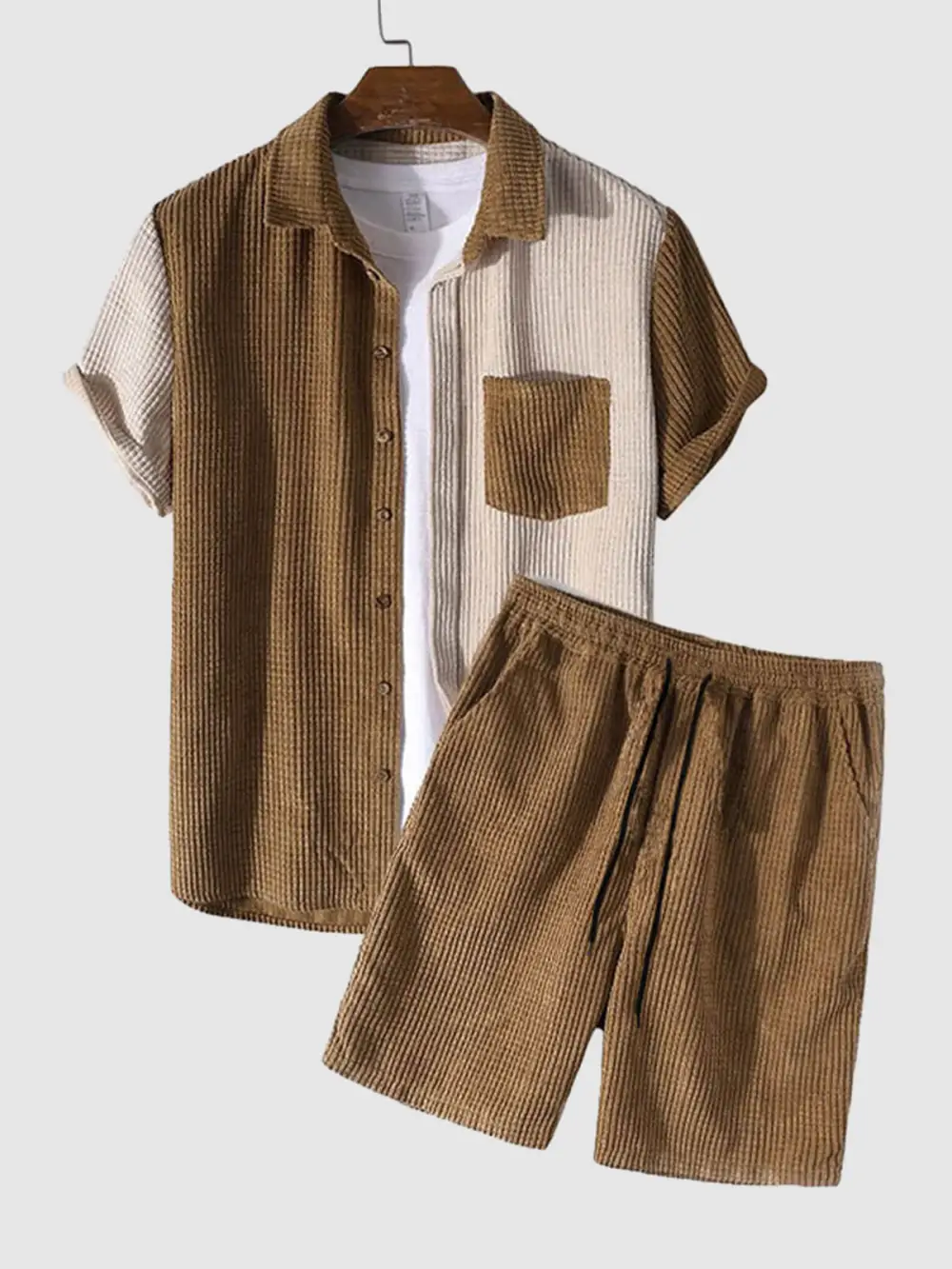 Men'S Waffle Corduroy Casual Short Sleeve Shorts Set