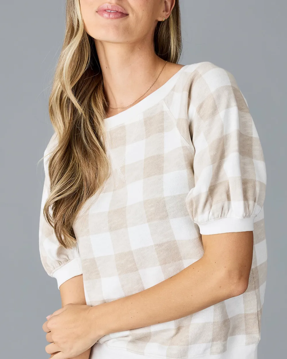 Cream Colored Checkered Short Sleeve Sweater