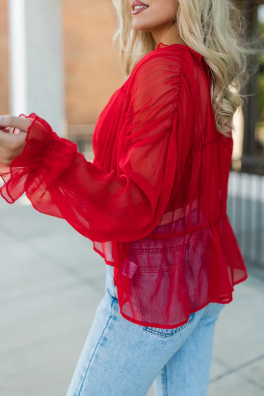 Red Sheer Ruched Blouse