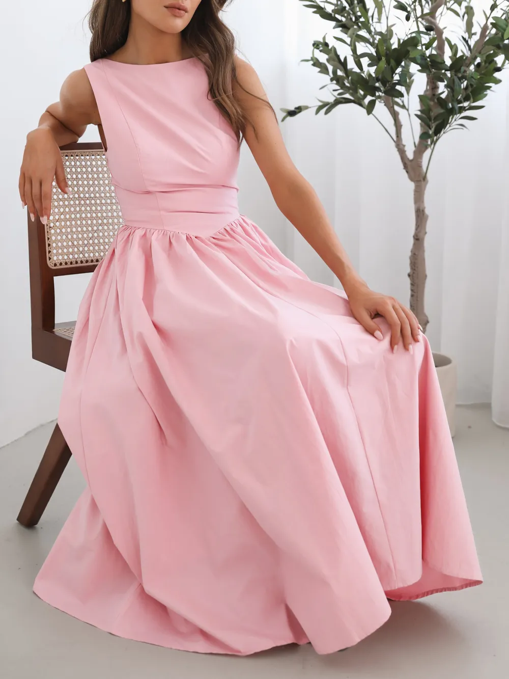 Casual Style Pink Boat Neckline Dress