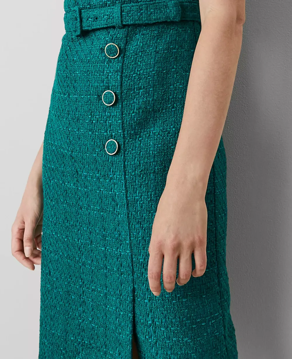 Tweed Belted Button Midi Sheath Dress