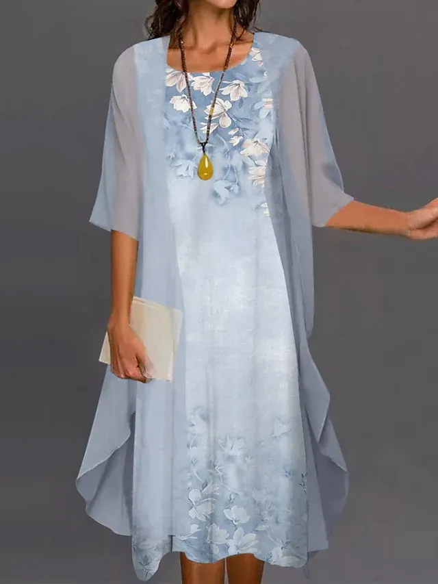 Round Neck Loose Casual Floral Print Loose Casual Suit Midi Dress