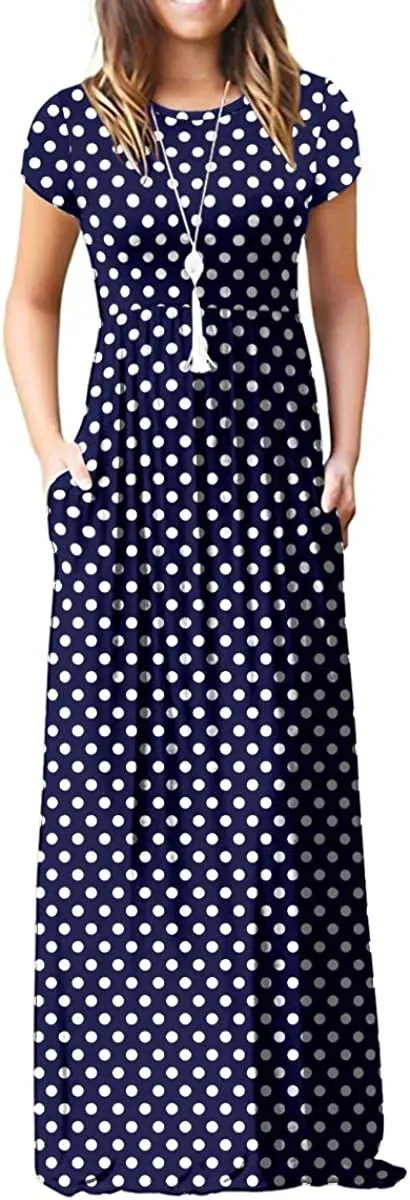Women's Short Sleeve Loose Plain Maxi Dresses Casual Long Dresses with Pockets