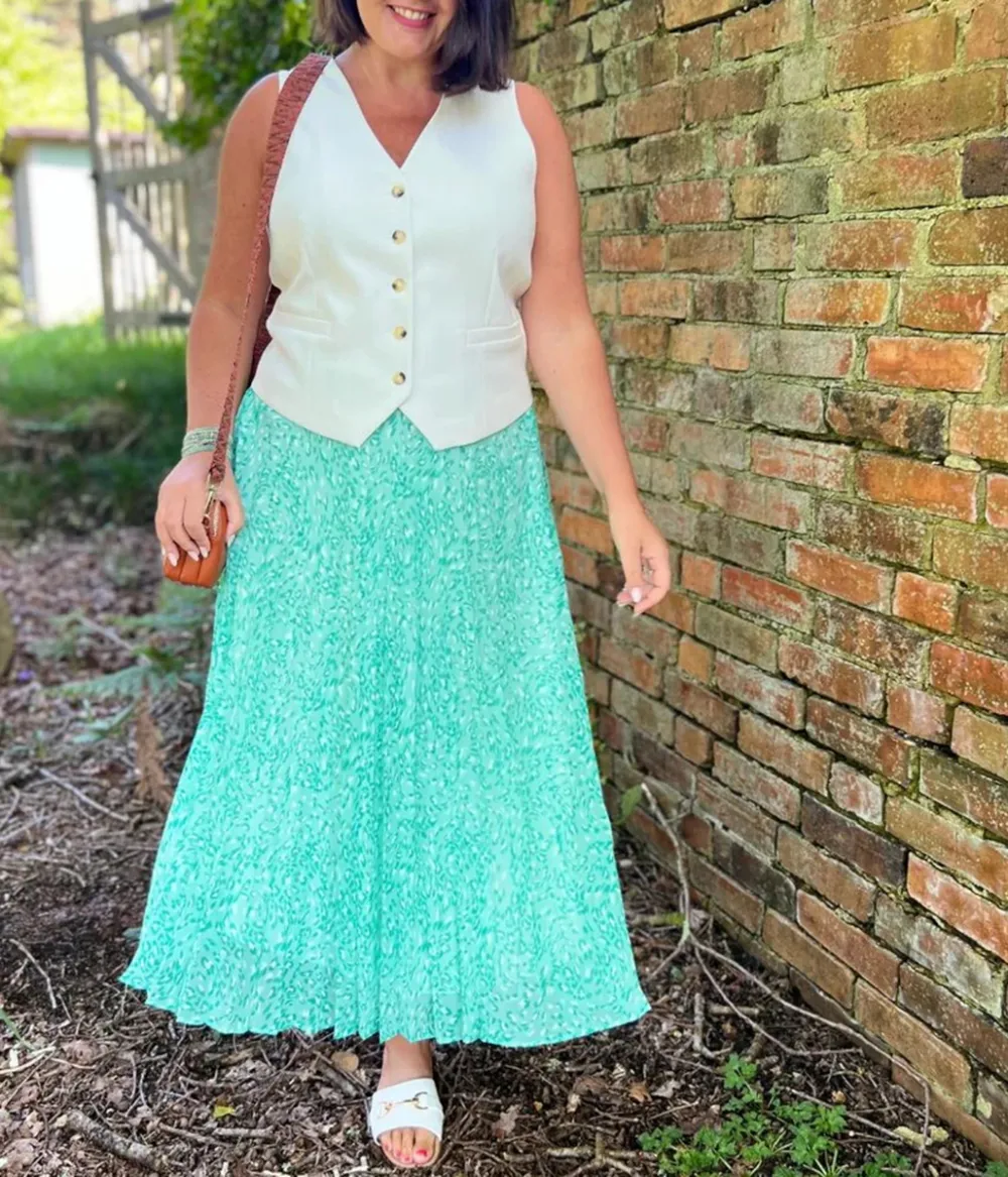 Green Swirling Animal Pleated Midi Skirt