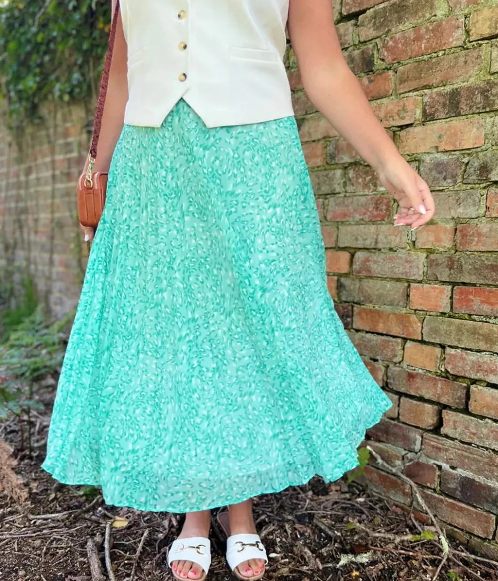 Green Swirling Animal Pleated Midi Skirt