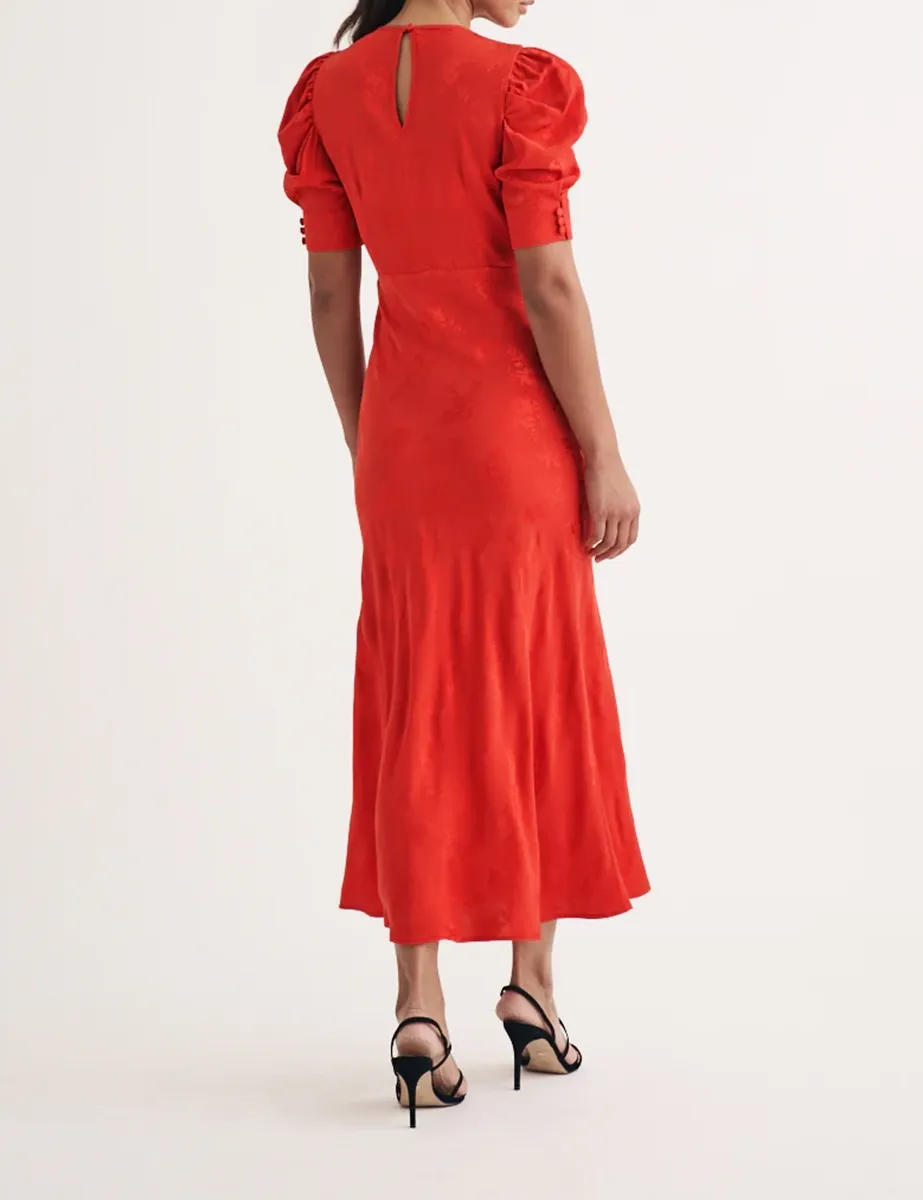Red Brocade Puff Sleeve Midi Dress