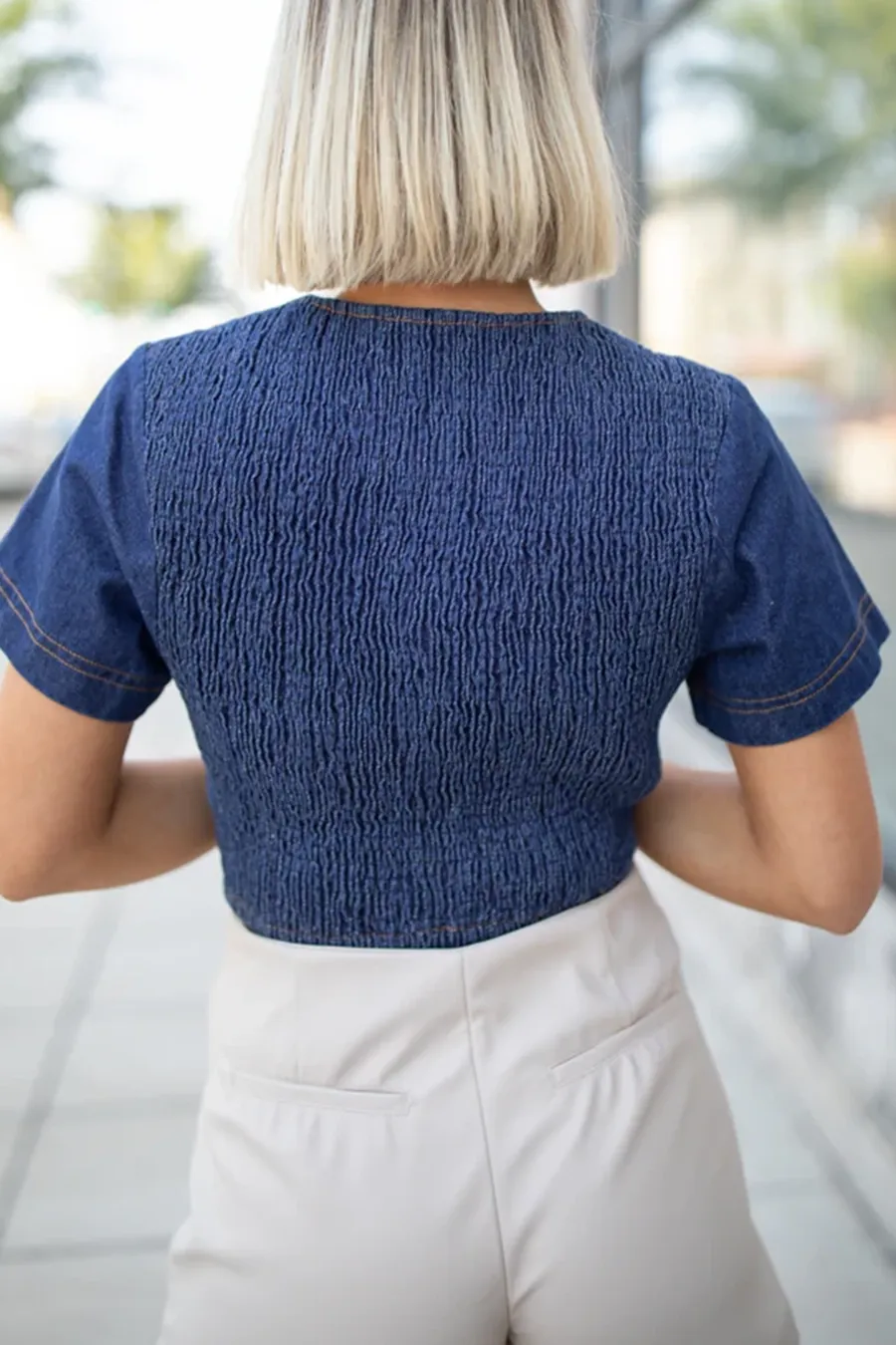 Dark Wash Denim Button Front Crop Blouse