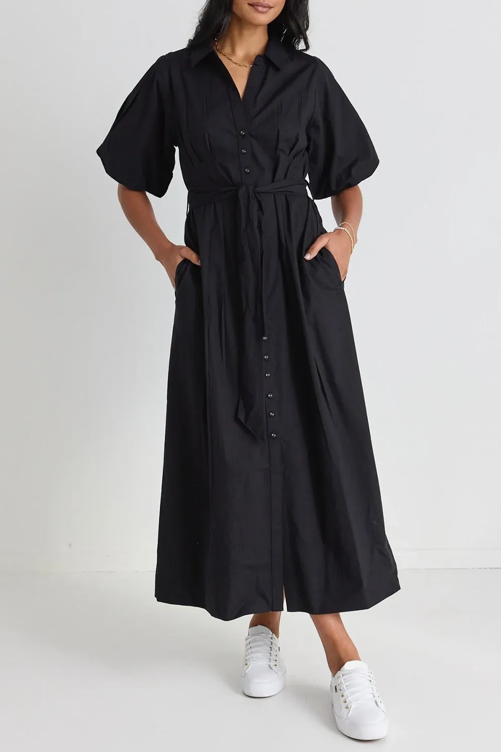 Black Puff Sleeve Collared Midi Dress
