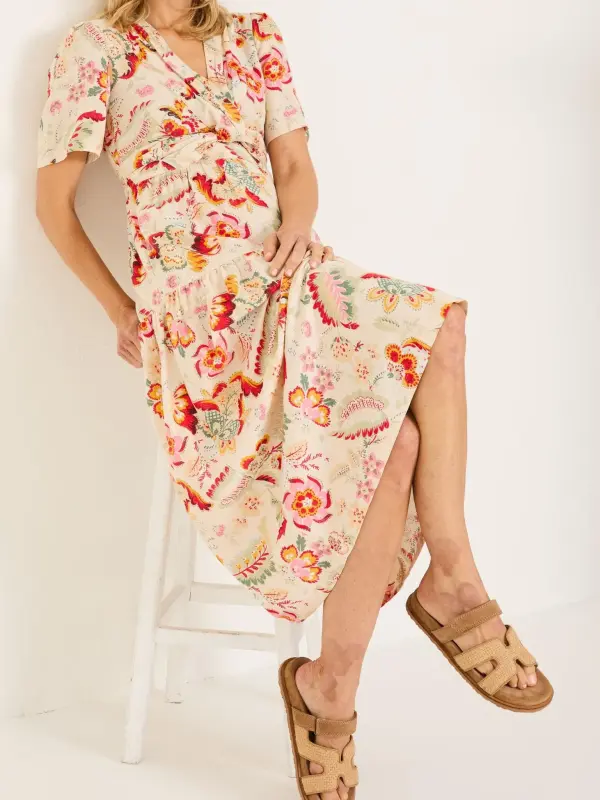 Cream Plants Printed Midi Dress