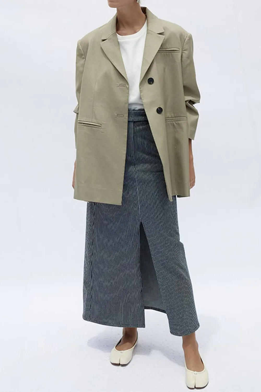 Classic Navy Stripe Slit Slimming Comfortable Skirt