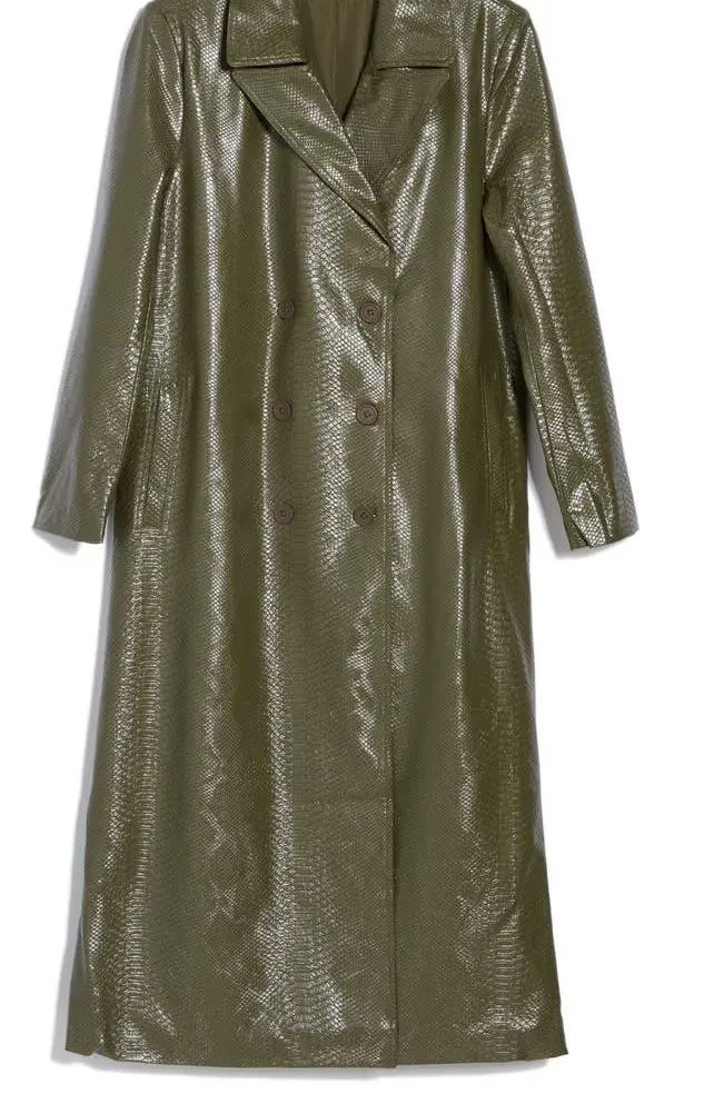 Snakeskin Embossed Faux Leather Trench Coat