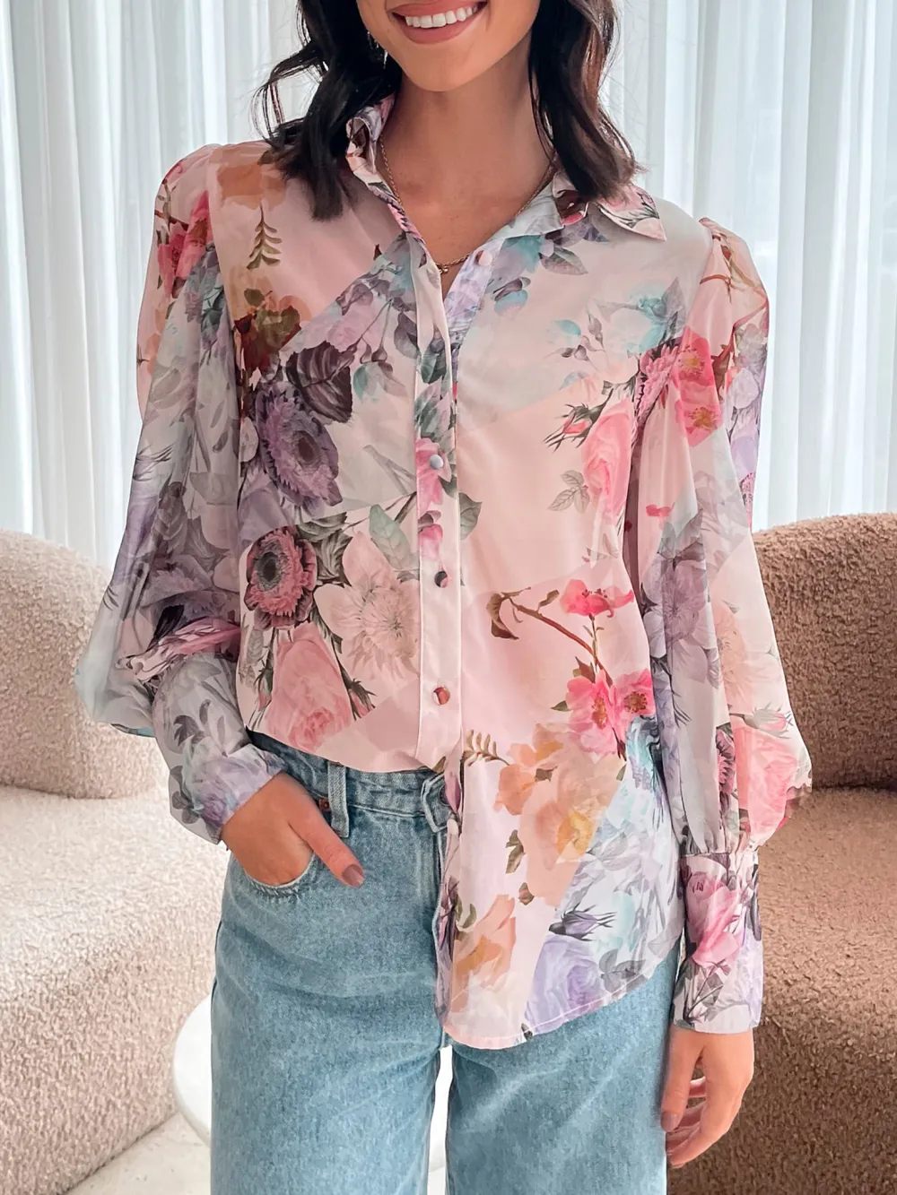 Pink Patchwork Print Fleet Blouse