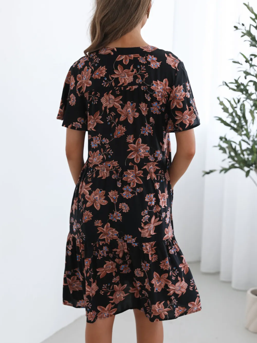 Black Floral V Neckline Dress