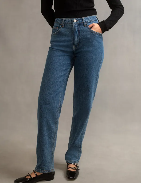 Mid Wash Blue High Rise Straight Leg Denim Jeans