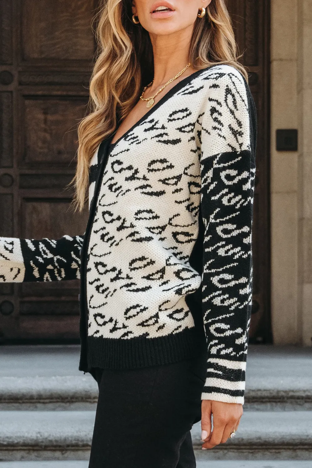 Striped Leopard Print V-Neck Cardigan